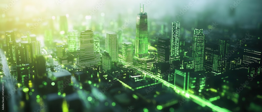 High-Tech Data Network Grid Illuminating Miniature Cityscape at Night with Cinematic Glow High-Tech Data Network Grid Illuminating Miniature Cityscape at Night with Cinematic Glow