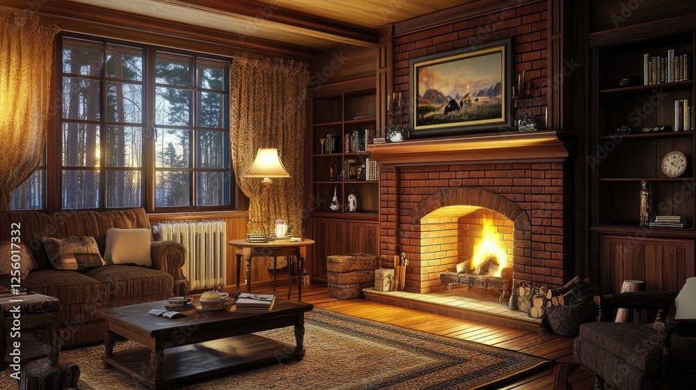 Traditional family room with a brick fireplace, classic wooden furniture, and warm lighting for a nostalgic ambiance Traditional family room with a brick fireplace, classic wooden furniture, and warm lighting for a nostalgic ambiance