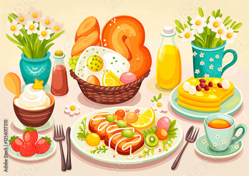 illustration of easter breakfast, brunch, dinner, lunch, food