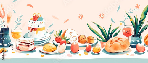 illustration of easter breakfast, brunch, dinner, lunch, food