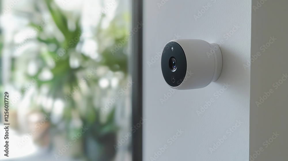 Modern wireless security camera mounted on wall protecting home Modern wireless security camera mounted on wall protecting home