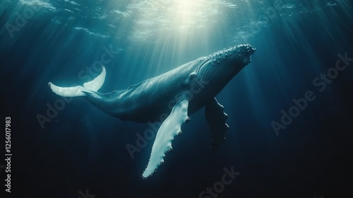 Humpback whale swimming ocean sun rays underwater wildlife photo