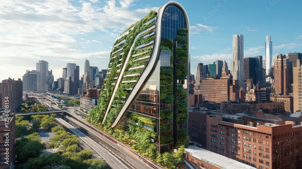 Fototapeta premium A tall building covered in lush greenery and plants on every balcony, surrounded by trees and other buildings, with a rooftop garden and solar panels, showcasing urban sustainability and green archite