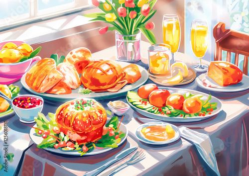 illustration of easter breakfast, brunch, dinner, lunch, food