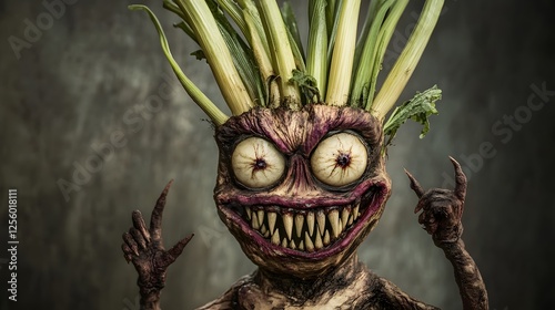 Creepy Vegetable Monster with Leek Limbs, Beetroot Eyes, and Jagged Parsnip Teeth Under Dramatic