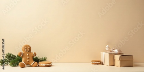 A Festive Arrangement Featuring a Gingerbread Man, Gift Boxes, and Sweet Treats Against a Neutral Background