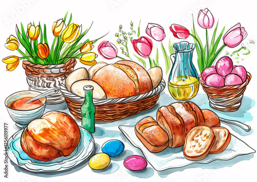 illustration of easter breakfast, brunch, dinner, lunch, food