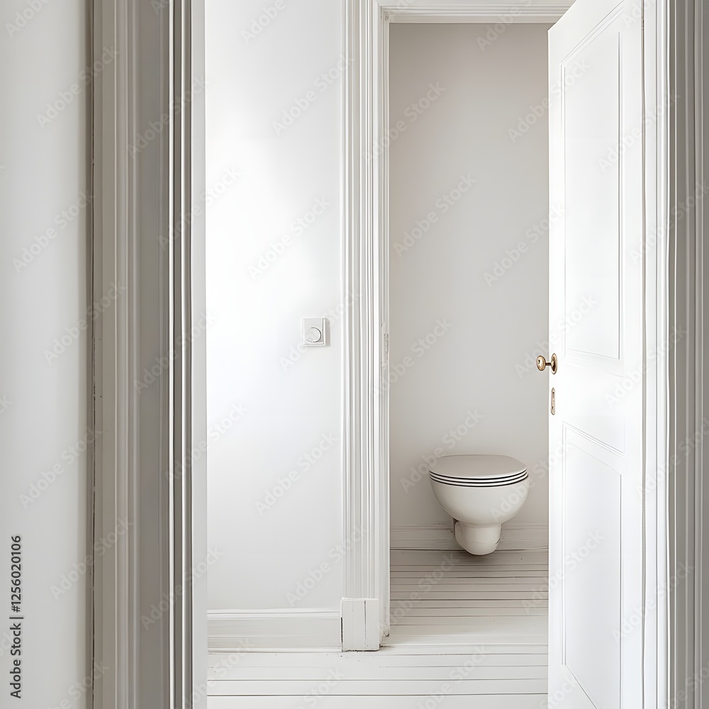 Obraz premium White Wall with Bathroom Door Open Revealing Toilet Seat Inside