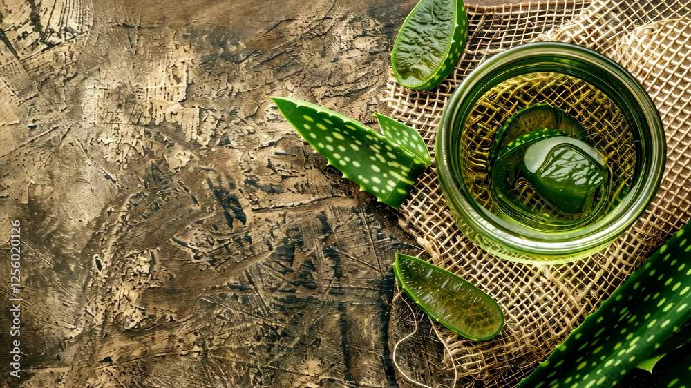ether oil aloe vera on the background of burlap top view