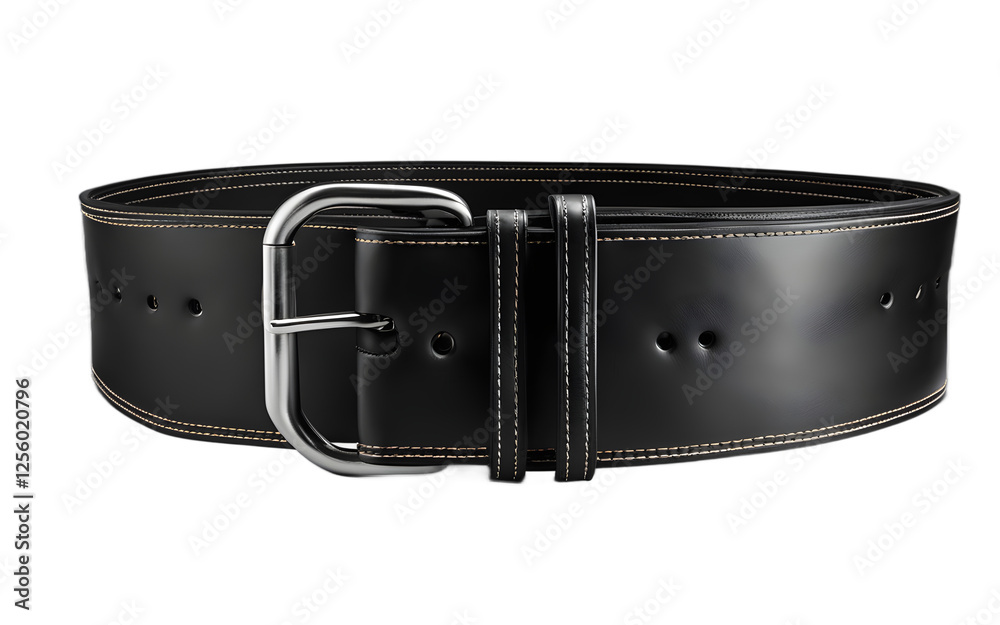 A black leather weightlifting belt for added support, isolated on a empty plain background A black leather weightlifting belt for added support, isolated on a empty plain background