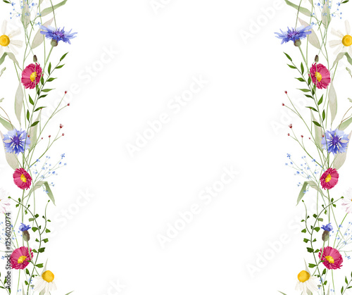 Watercolor floral folk vertical seamless border. Meadow red daisy, blue forget-me-not, chamomiles wild flowers, green branches, leaves. Hand drawn style illustration. Artistic template design.