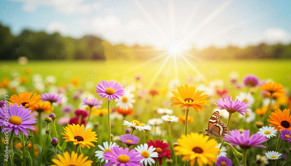 Obraz premium Colorful butterflies fluttering in vibrant flower field, nature's beauty