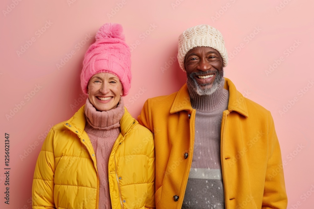 Portrait of a happy multiethnic couple in their 80s donning a warm wool beanie over solid pastel color wall Portrait of a happy multiethnic couple in their 80s donning a warm wool beanie over solid pastel color wall