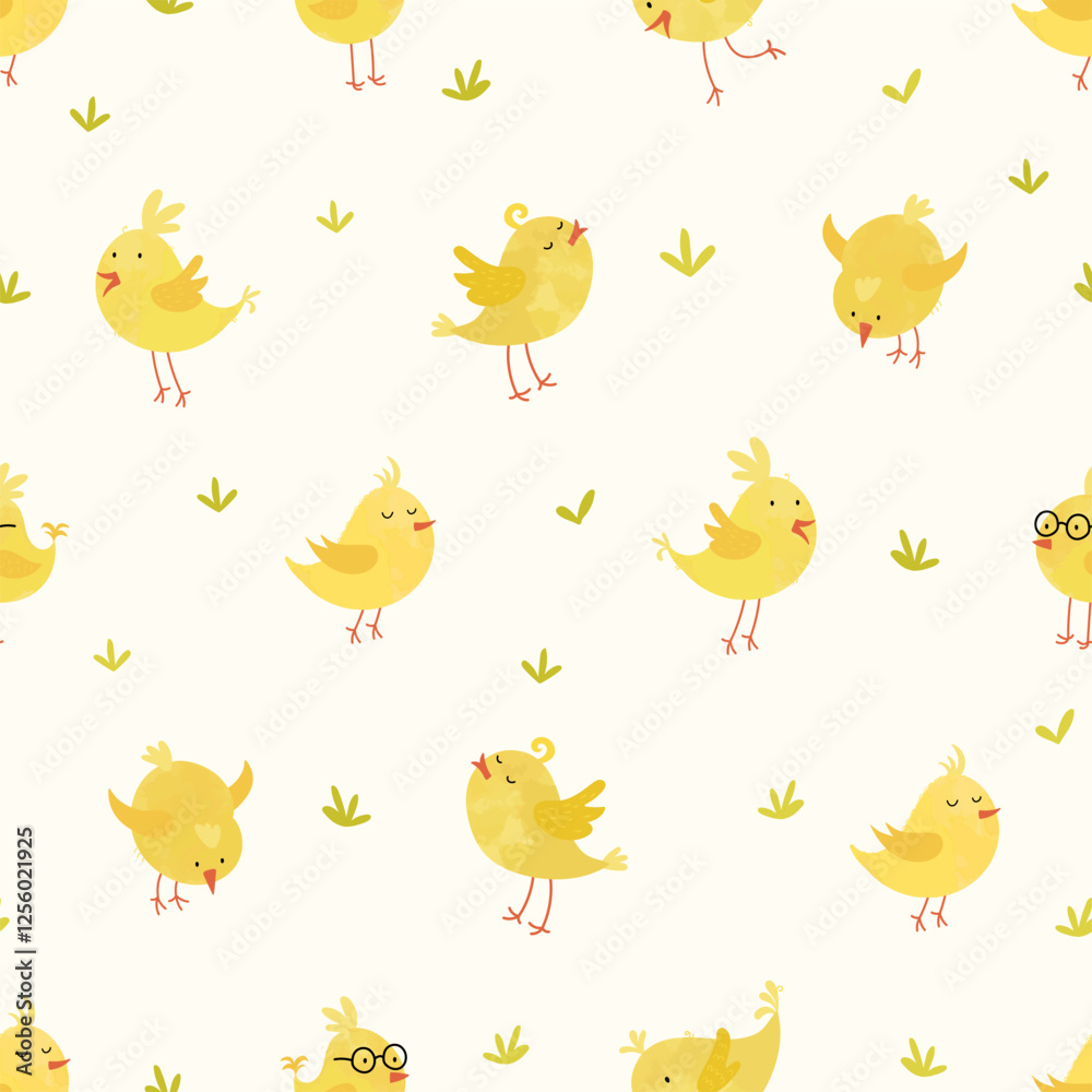 Lovely yellow chicks with cute decoration, hand drawn easter pattern, great for textiles, banners, wallpapers, decorations - vector