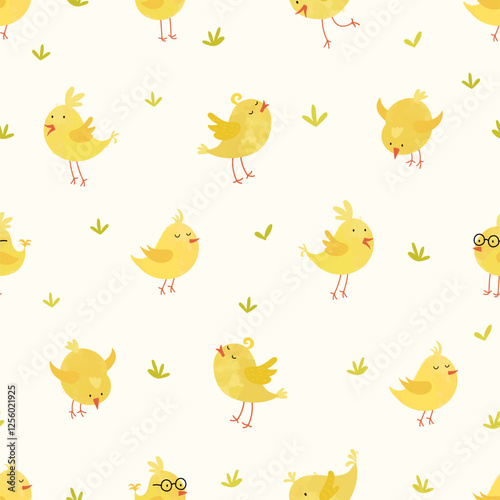 Lovely yellow chicks with cute decoration, hand drawn easter pattern, great for textiles, banners, wallpapers, decorations - vector
