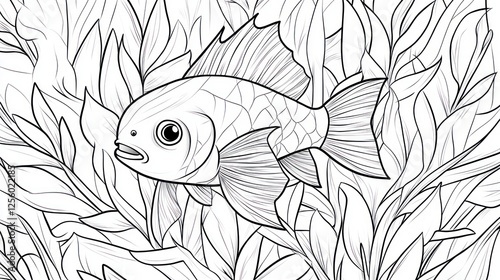 Fish in aquatic plants, coloring book illustration, educational, kids photo