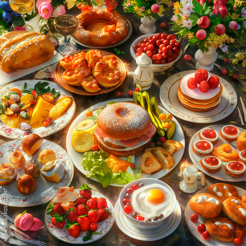 illustration of easter breakfast, brunch, dinner, lunch, food