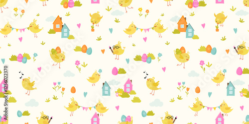 Lovely yellow chicks with cute decoration, hand drawn easter pattern, great for textiles, banners, wallpapers, decorations - vector