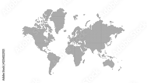 Dotted world map in grey color. Minimalist Circle shape pattern in earth silhouette on white background. Simple design of all continents for geography travel business educational materials.