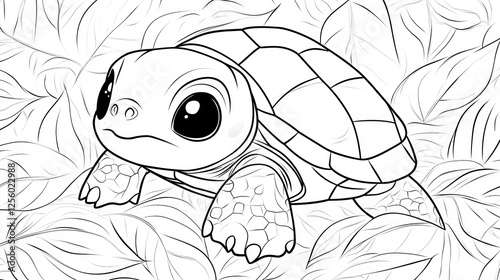 Cute Baby Turtle Coloring Page, Leaves Background, Educational Illustration photo