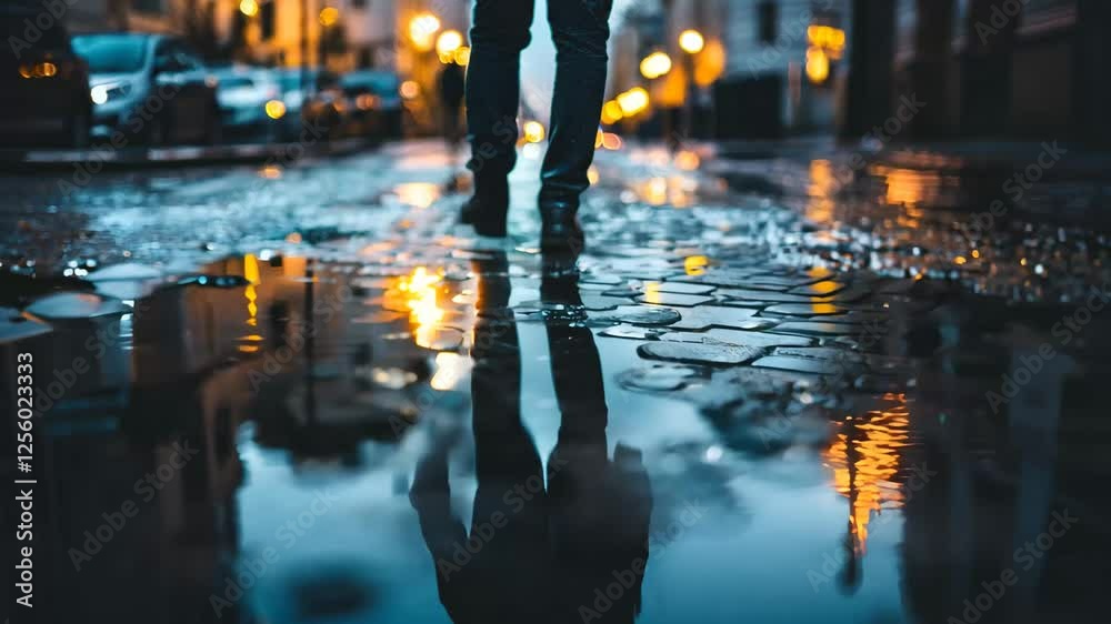 A close-up shot of a man walking on a rain-soaked city street, with his silhouette reflected in a large puddle. The warm glow of streetlights contrasts with the cool tones of the wet pavement