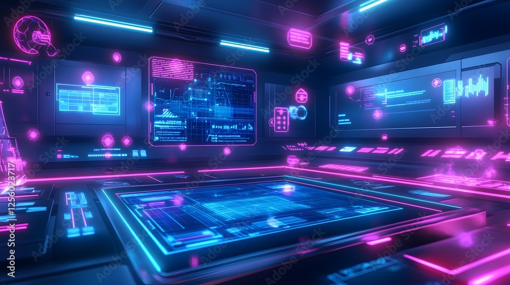 A futuristic control room displays digital interfaces with neon highlights A futuristic control room displays digital interfaces with neon highlights