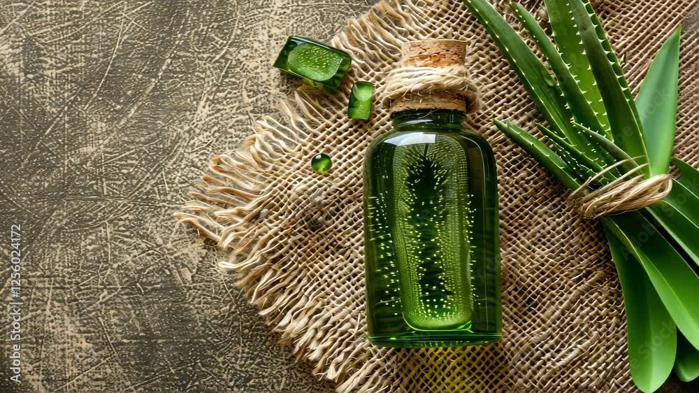 ether oil aloe vera on the background of burlap top view
