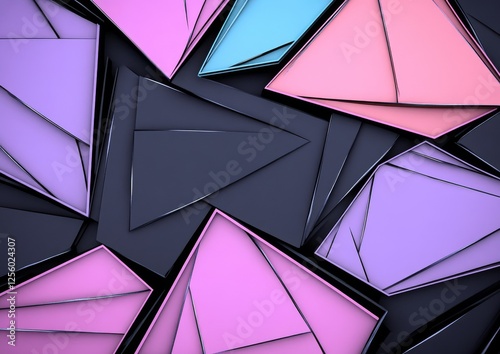 A vibrant arrangement of colorful, triangular shapes layered on a dark background, creating a modern and dynamic visual texture.