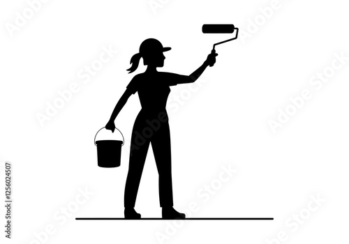 Woman painting with paint roller and bucket silhouette