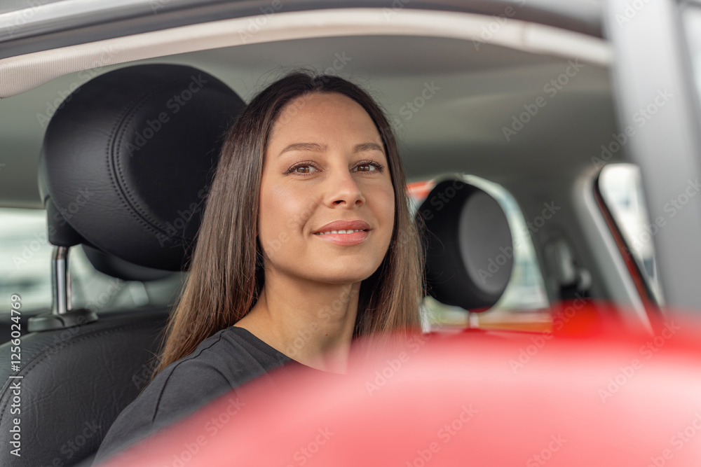 A young woman with long brown hair and a confident smile sits in the drivers seat of a modern car, looking forward with a relaxed expression.