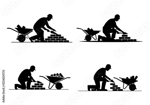 Silhouette illustration of construction workers laying bricks