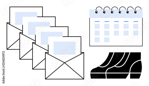 Series of envelope icons with letters, spiral-bound calendar, and stylized shoes symbolize communication, time management, and productivity. Ideal for teamwork, project planning, deadlines