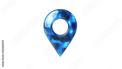 Digital location pin icon with a futuristic design, set against a plain background for web use