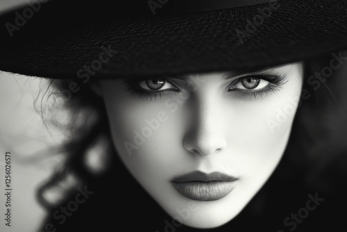 Striking Black and White Portrait of a Woman Wearing a Hat with Intense Expression and Mesmerizing Eyes