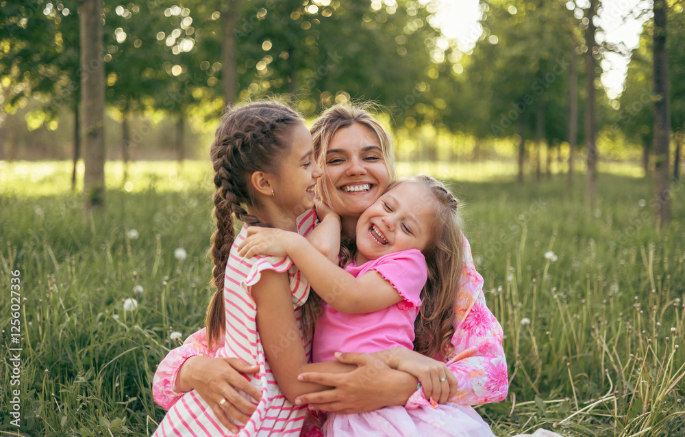 A young mother and two daughters have fun together A young mother and two daughters have fun together
