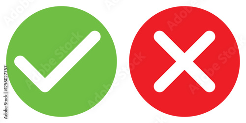green tick and red x in circle, OK check mark and X cross icon symbol, vector illustration