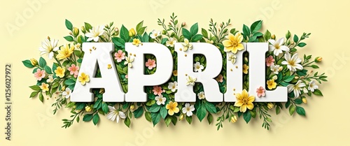 April typography with colorful floral arrangement on yellow background. 3D text design with flowers and leaves. Springtime season and nature concept for greeting card, poster, and wallpaper.