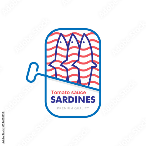Open tin can with sardines in tomato sauce. Emblem or logo template for restaurant sign, fish can production 