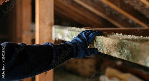 Gloved hand inspecting mold on attic wood beam