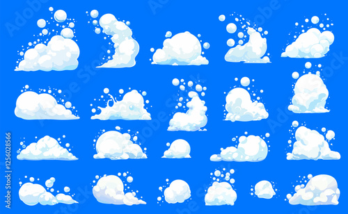 Cartoon foam. Soap white lather with bubbles, shampoo wash gel laundry detergent, cleaning or washing set vector illustration