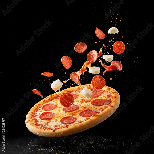 Pizza slices flying, isolated on black background. Delicious peperoni pizza slices pepperonis and olives, floating pizza pieces with melting cheese with basil leaves flying. Italian style pizza slices photo