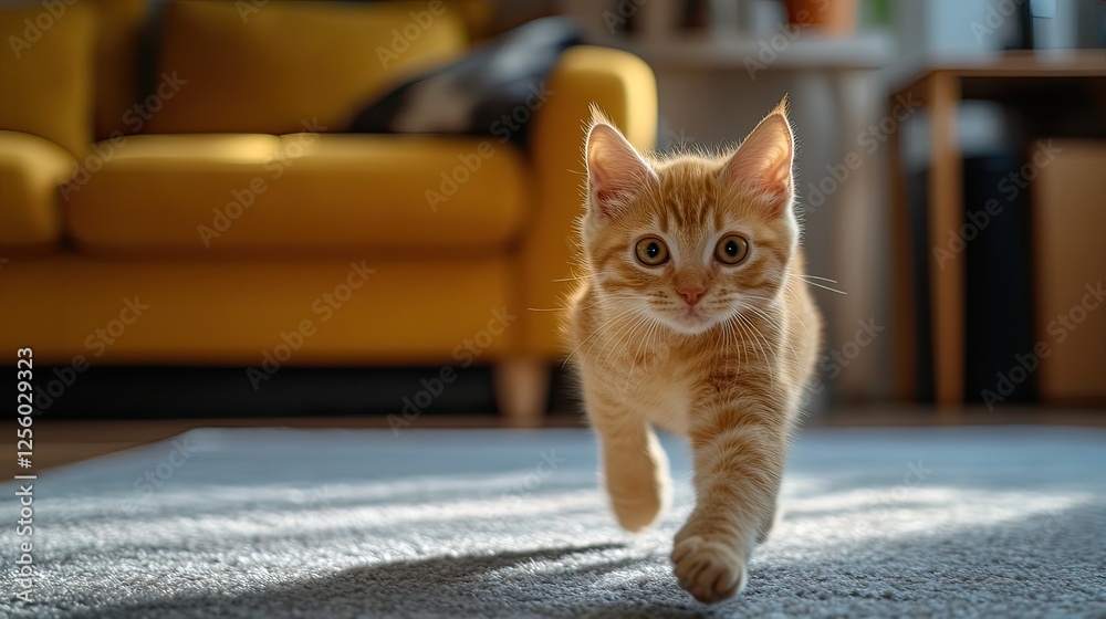 Obraz premium Ginger kitten runs towards camera in living room