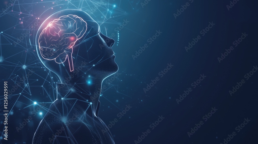 custom made wallpaper toronto digitalDigital silhouette of a human head with a highlighted brain and network lines, representing artificial intelligence, neuroscience and cognitive technology concepts.