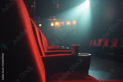 A movie theater with rows of red seats, illuminated by bright lights and shadows
