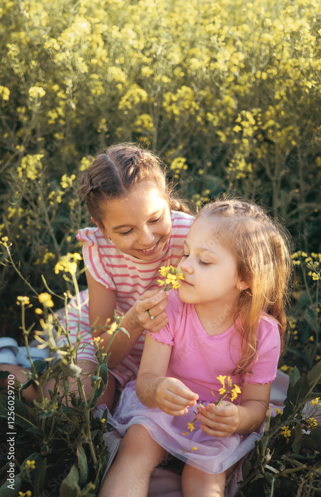 Sisters Smelling Flowers Together in a Blooming Field Sisters Smelling Flowers Together in a Blooming Field