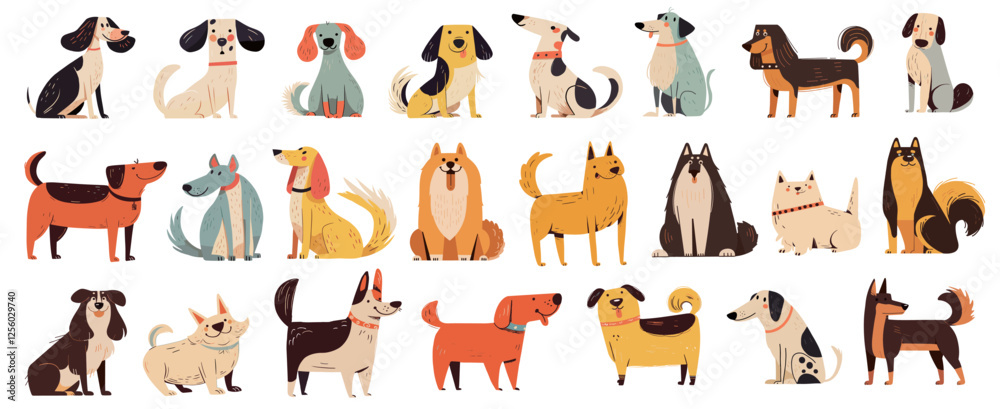Doodle dogs. Cute puppy characters various poses sit stand, funny pet animals set vector illustration