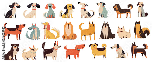 Doodle dogs. Cute puppy characters various poses sit stand, funny pet animals set vector illustration