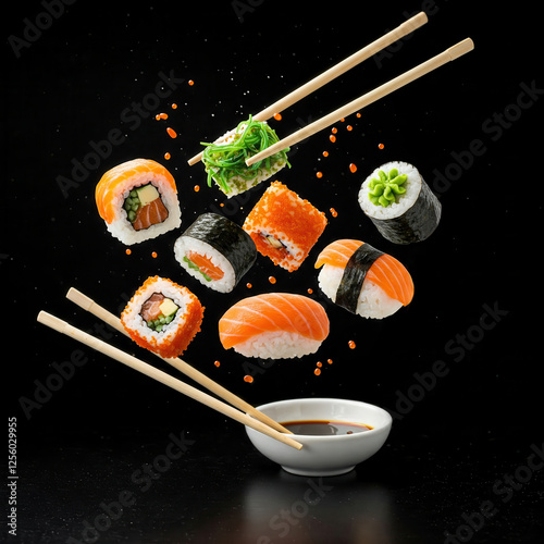Pieces of sushi with splashes of soy sauce, isolated on black background