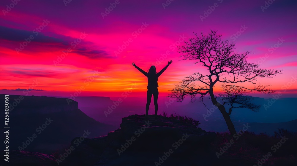 Person standing on mountain peak at sunset with arms raised in silhouette against colorful sky Person standing on mountain peak at sunset with arms raised in silhouette against colorful sky