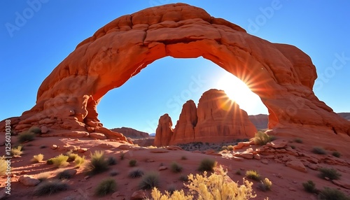 Stunning Sunrise Through a Majestic Sandstone Arch in the American Southwest Desert Landscape